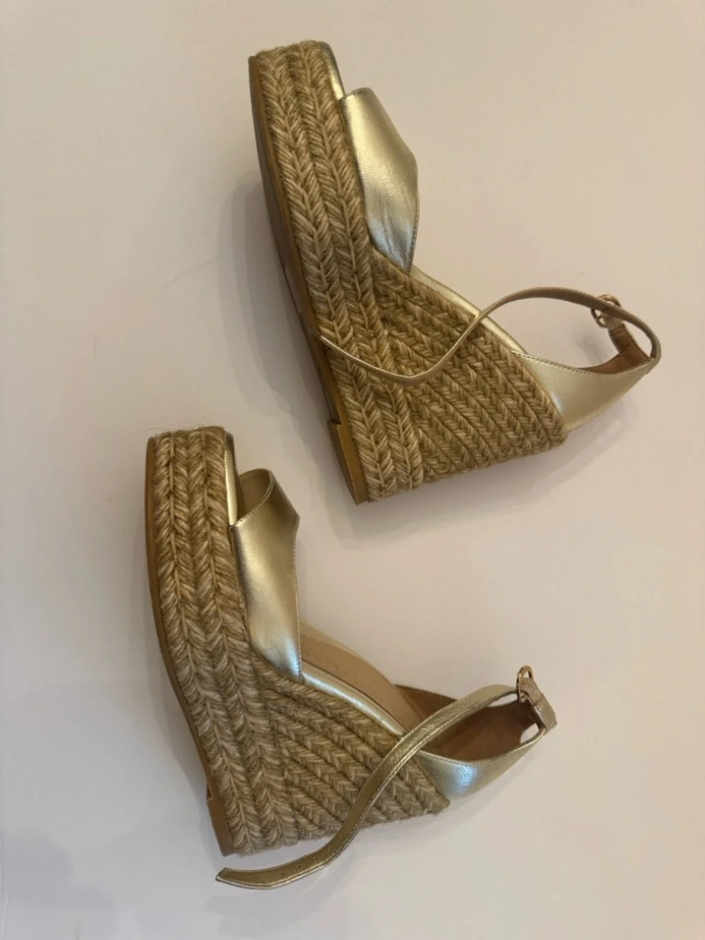 Stuart Weitzman Nudistcurve Metallic Gold Espadrille Wedge Sandals w/Ankle Strap - Picture 14 of 16